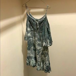 Grayish off the shoulder dress.